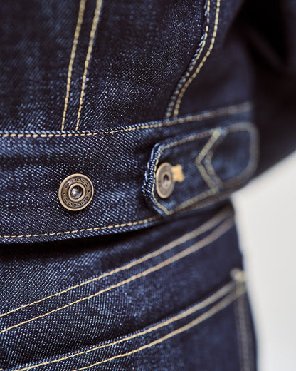 Close-up of blue denim jacket with stitching details