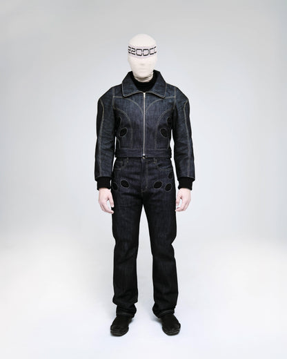 2200CC blue denim paneled jacket paired with matching cargo jeans.  Both with the circular pocket feature.