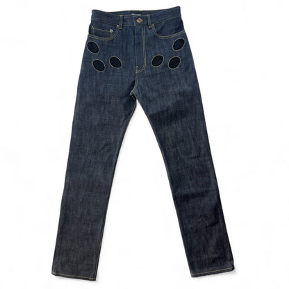 Avant garde men's high waisted dark blue denim jeans with circular pockets