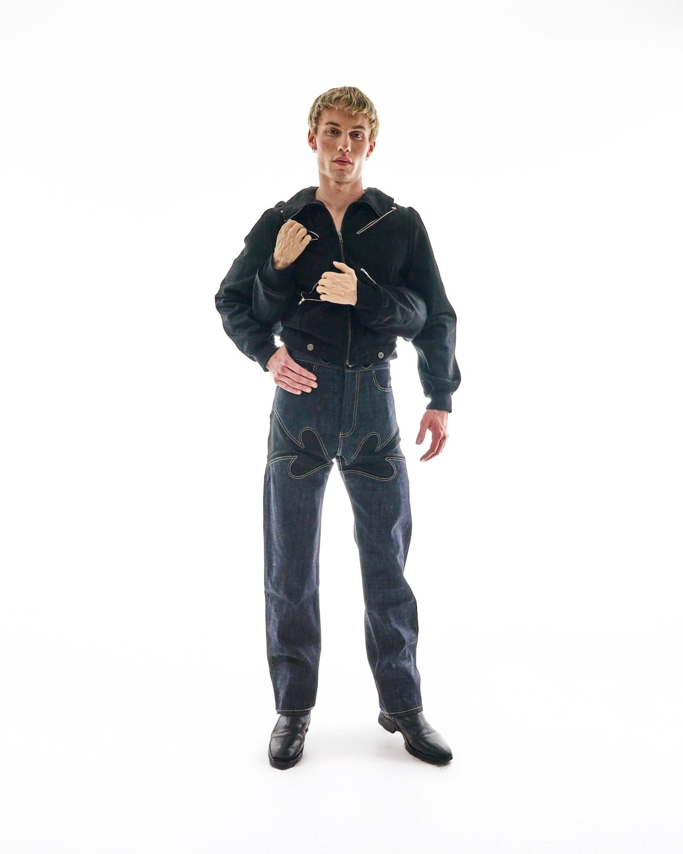 2200CC limited edition four arm jacket in black selvedge denim, fully lined with bemberg and made in USA