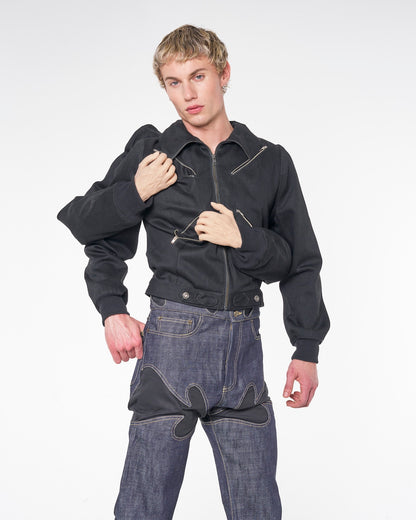 2200CC Four Arm Jacket in raw selvedge black denim with four sleeves and detachable and posable silicone hands — front view