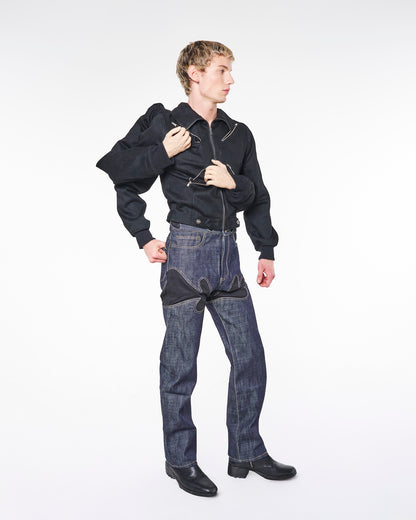 2200CC avant-garde four arm denim jacket with posable silicone hands and angled zipper pockets — side view