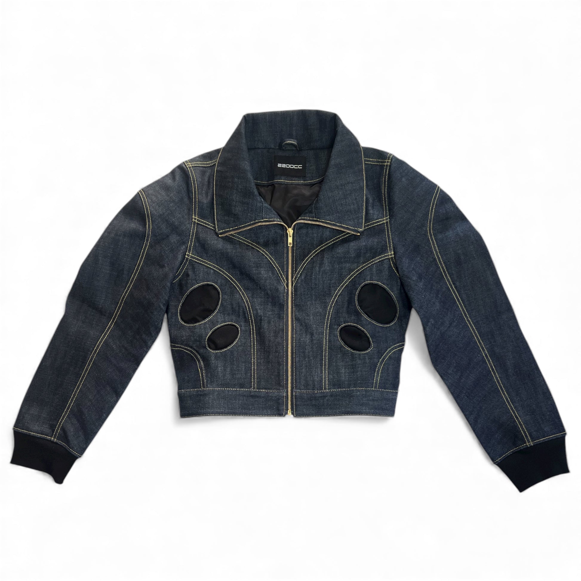 Structured denim blue jacket with circular pocket details and yellow stitching.  Has shoulder pads to create a broad shoulder look. 