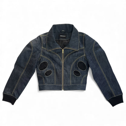 Structured denim blue jacket with circular pocket details and yellow stitching.  Has shoulder pads to create a broad shoulder look. 