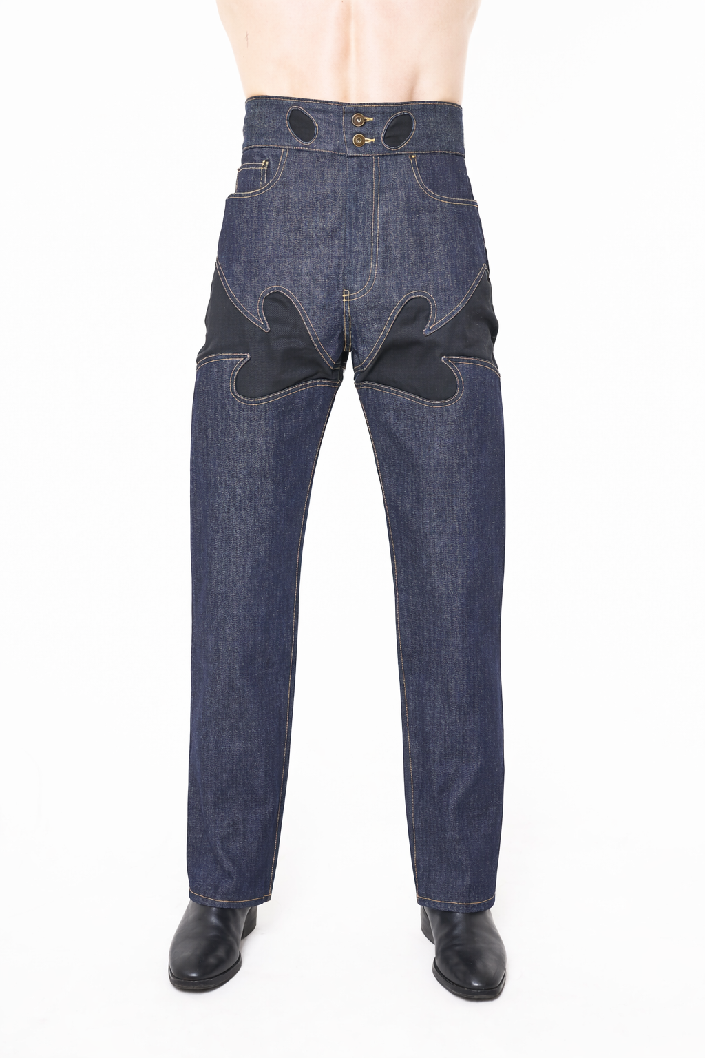 Blue selvedge denim jeans with western style detail at thigh. High rise. 