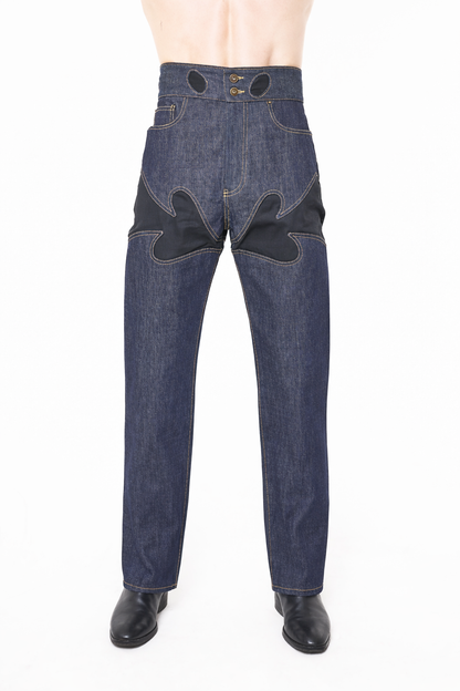 Blue selvedge denim jeans with western style detail at thigh. High rise. 