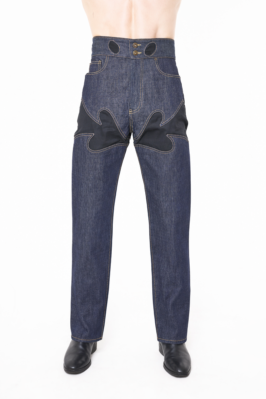 Blue selvedge denim jeans with western style detail at thigh. High rise. 